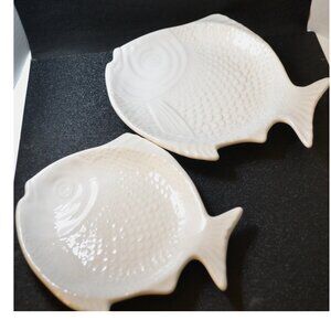 Set Of 2 Vintage Olfaire White Pottery Fish Dishes Dining Serveware Portugal